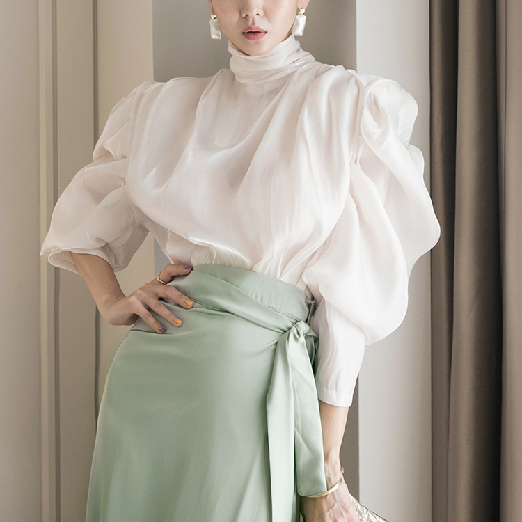 B9049 밀렛 glossy Shirring Puff Pad blouse Korea