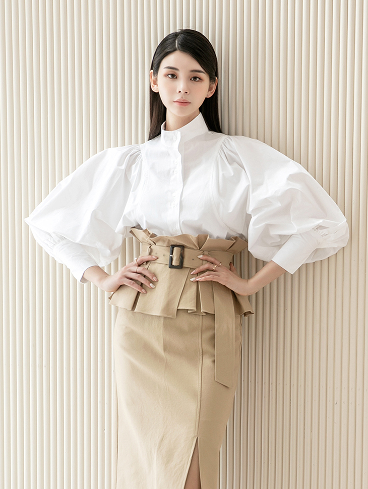 B2576 블러 Half-high neck Shirring Puff blouse(18th REORDER) Korea