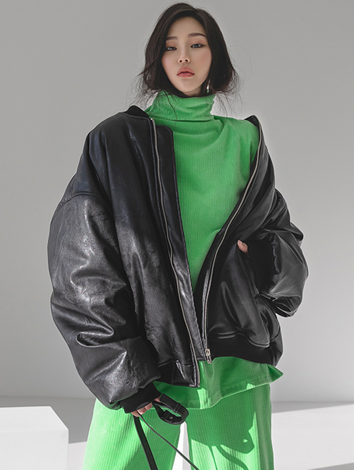 J1398 Leather banding over fit jumper*fur lining* Korea