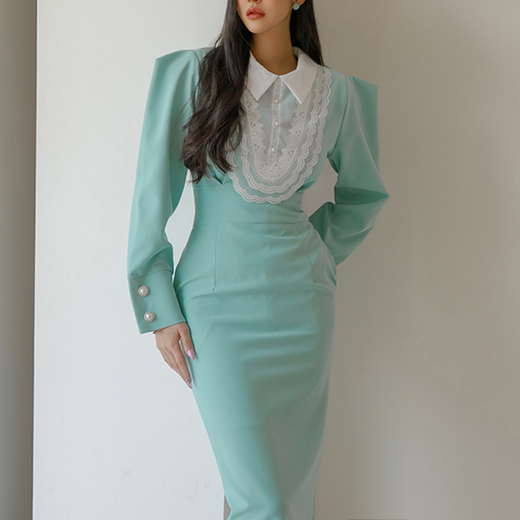 D4402 Lace Pearl Slim midi Dress Korea
