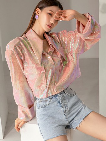 S9017 Glitter spangle Big Collar Crop Shirt Korea