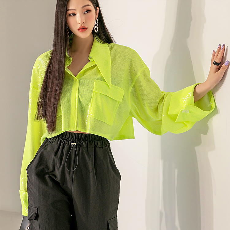 S9017 Glitter spangle Big Collar Crop Shirt Korea