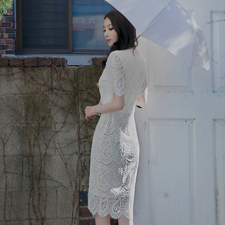 D3519 Wave Lace Pattern Slim medium Dress(45th REORDER) Korea