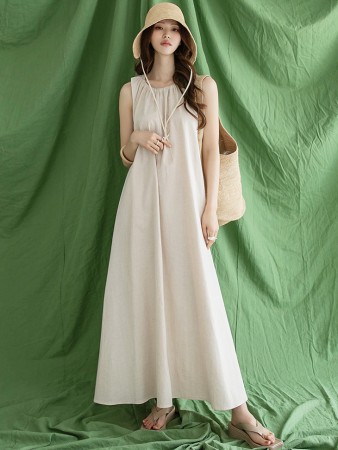 D4245 Linen Shirring Long Dress Korea