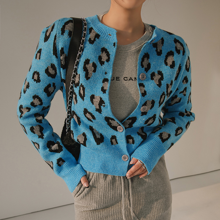 J1422 Color Scheme Leopard Pattern Knit Cardigan Korea