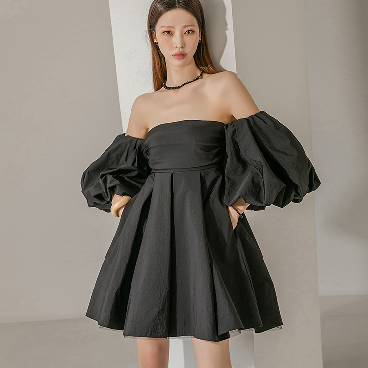 D9351 Off Shoulder Shirring Puff Mini Dress Korea