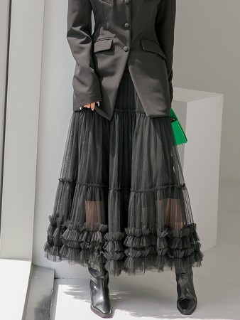 SK2331 Chiffon Cancan Bendable Long Skirt Korea