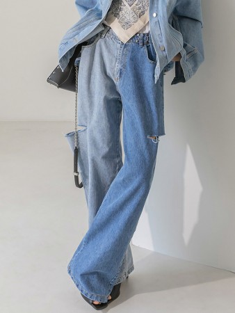 PJ444 Color scheme damage cutting low wide jeans(15th REORDER) Korea