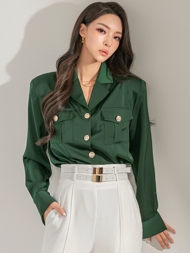B2765 Satin Gold-Button Collar blouse(3rd REORDER) Korea