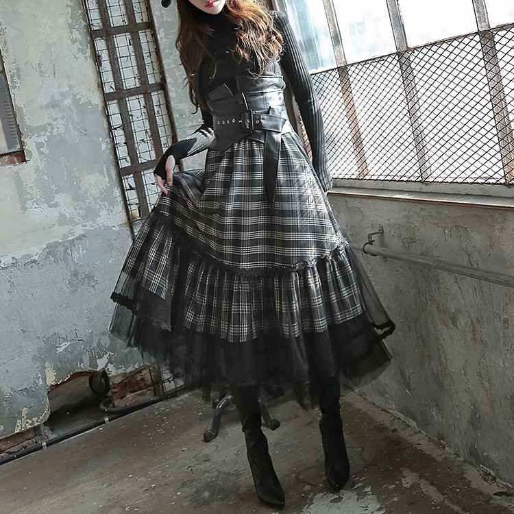 SK1810 Check mesh Frill banding flare skirt(274th REORDER) Korea