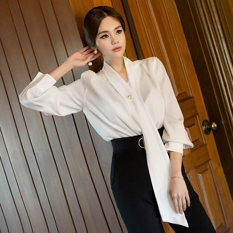 B2350 리아 pin tuck Shirring Scarf blouse(pearl brooch SET)(127th REORDER) Korea
