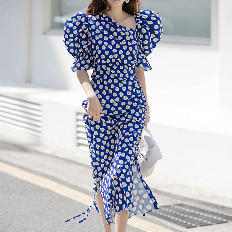 D9238 One shoulder Puff Shirring Long Dress(3rd REORDER) Korea