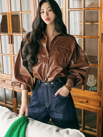 S441 Leather Puff Sleeve Two pocket Loose Fit Shirt Korea