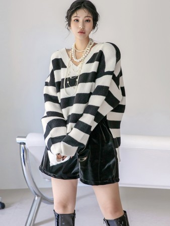 E2536 V-neck stripe over fit Long knit(29th REORDER) Korea