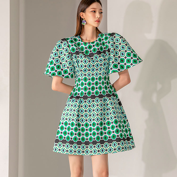 D4461 Pattern Puff Mini Dress Korea