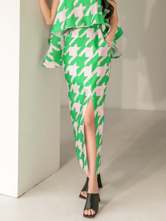 SK9146 Houndstooth Checkered Print Long Skirt Korea