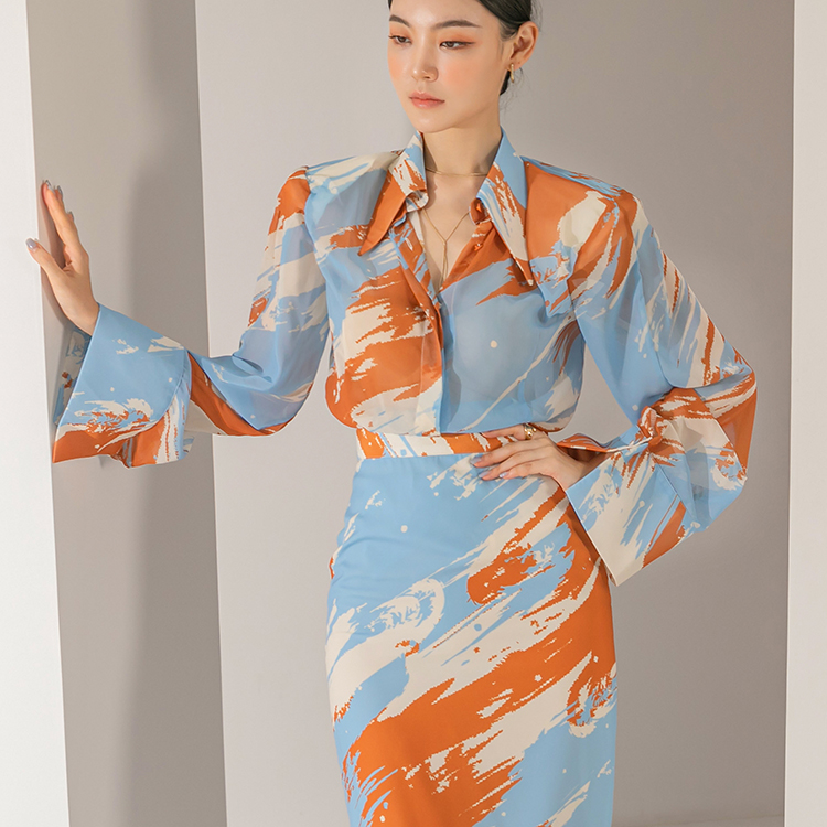 B9112 Chiffon Color scheme Printing Pad blouse Korea