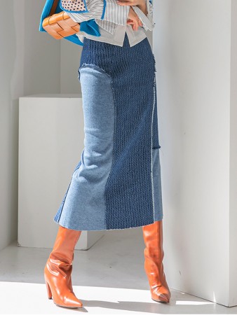 SK2342 Tweed Denim Color scheme Midi Skirt Korea