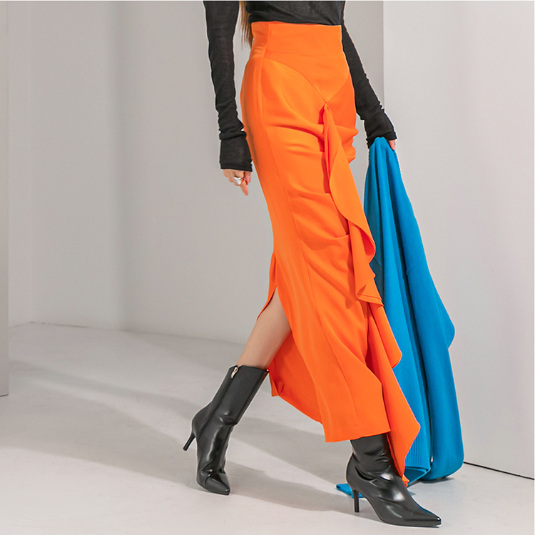 SK9150 Satin Unbalance Frill Point Long skirt Korea