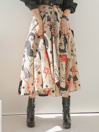 SK2349 Printing Bendable Flare Long Skirt Korea