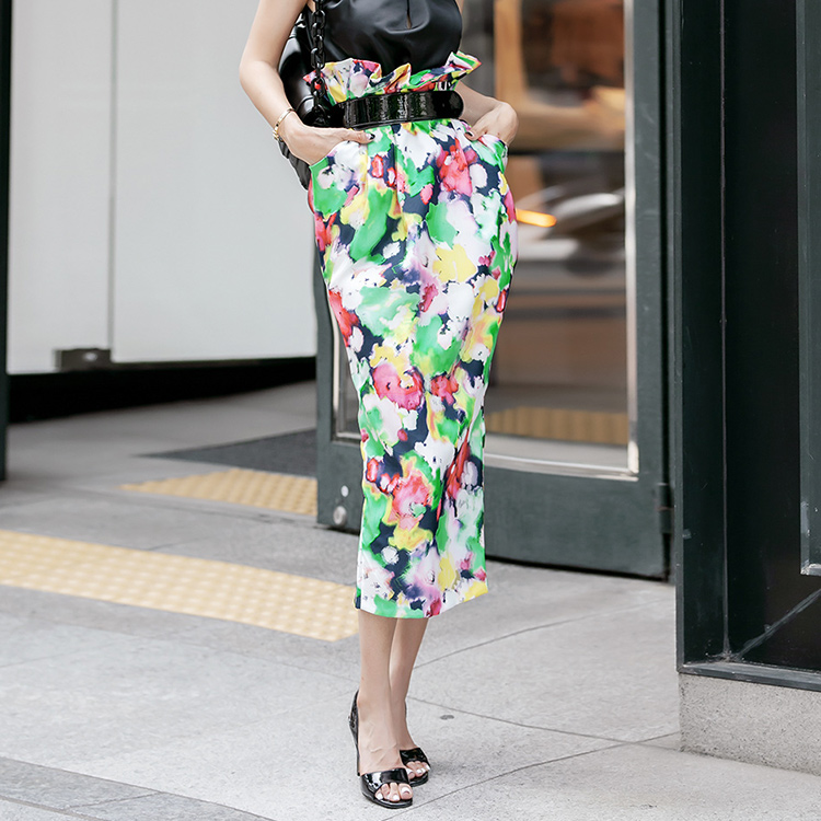 SK9078 High Waist water Printing Long skirt(Belt set) Korea