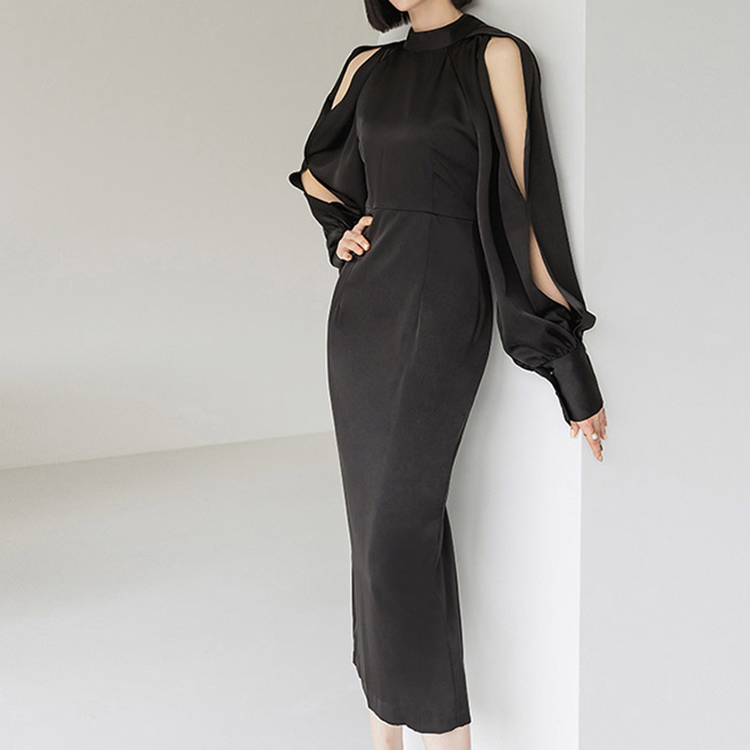 D9211 젠로 silky Half-high neck Sleeve Vent medium Dress Korea