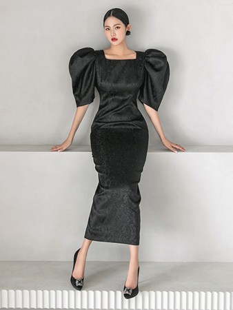 D9281 Jacquard Big Puff Slim Long Dress Korea