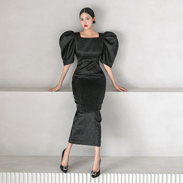 D9281 엘빈 Jacquard Big Puff Slim Long Dress Korea