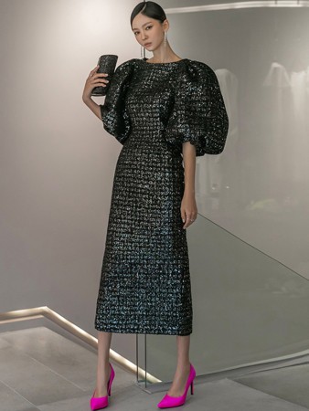 D9307 Tweed Spangle Big Puff Midi Dress Korea