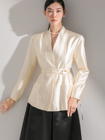 J1613 Silk Wool Strap Collar Less Jacket*L size production* Korea