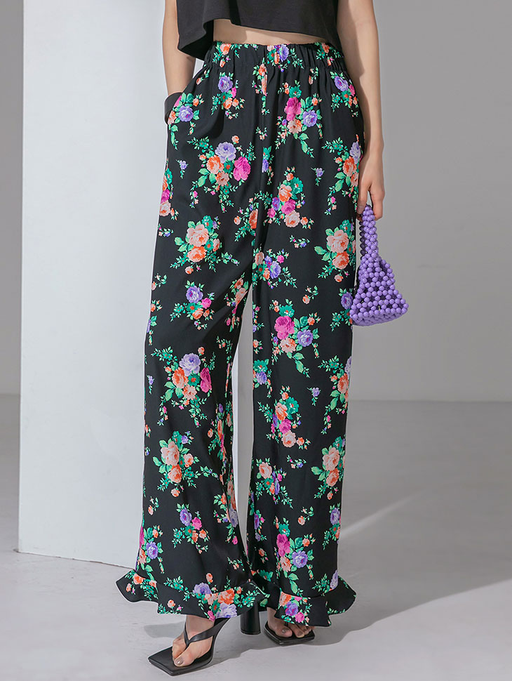P2611 Floral Frill Banding Wide Pants(3rd REORDER) Korea