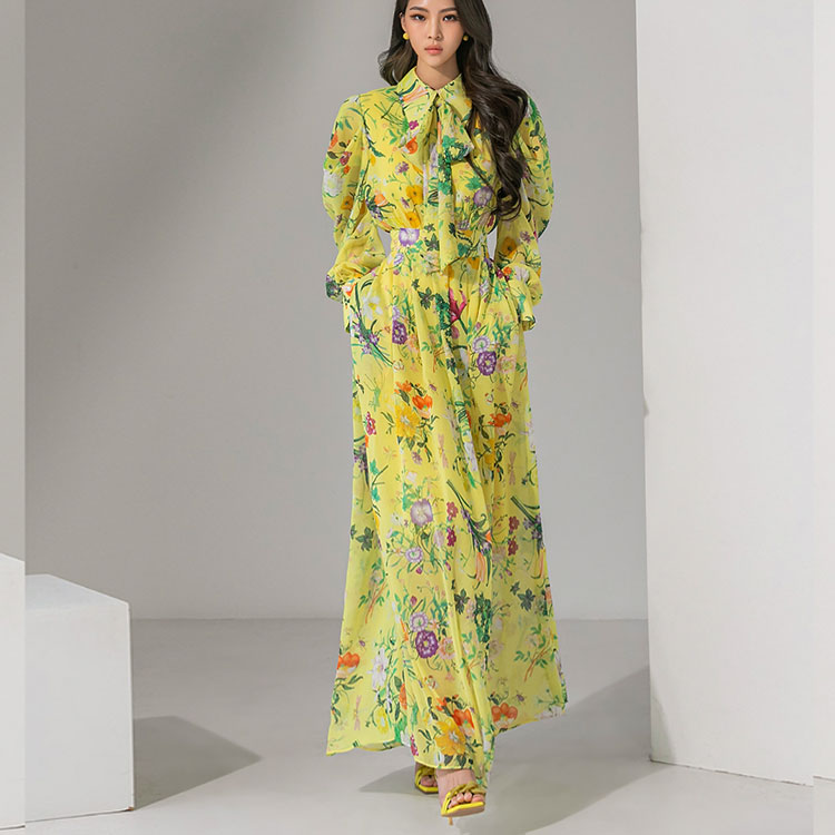 D9345 floral pleats Maxi Dress(Scarf SET) Korea