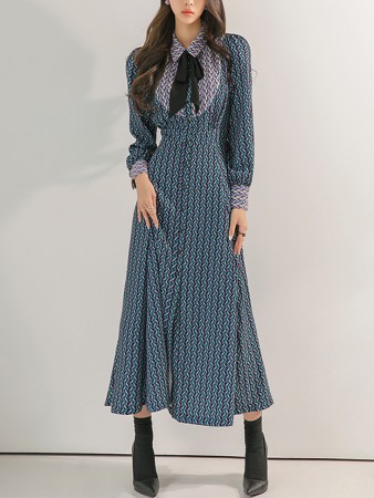 D3464 Puff Sleeve Pattern Mix Midi Dress(Tie SET) Korea