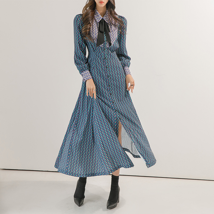 D3464 Puff Pattern mix midi Dress(Tie SET)(27th REORDER)*L size production* Korea