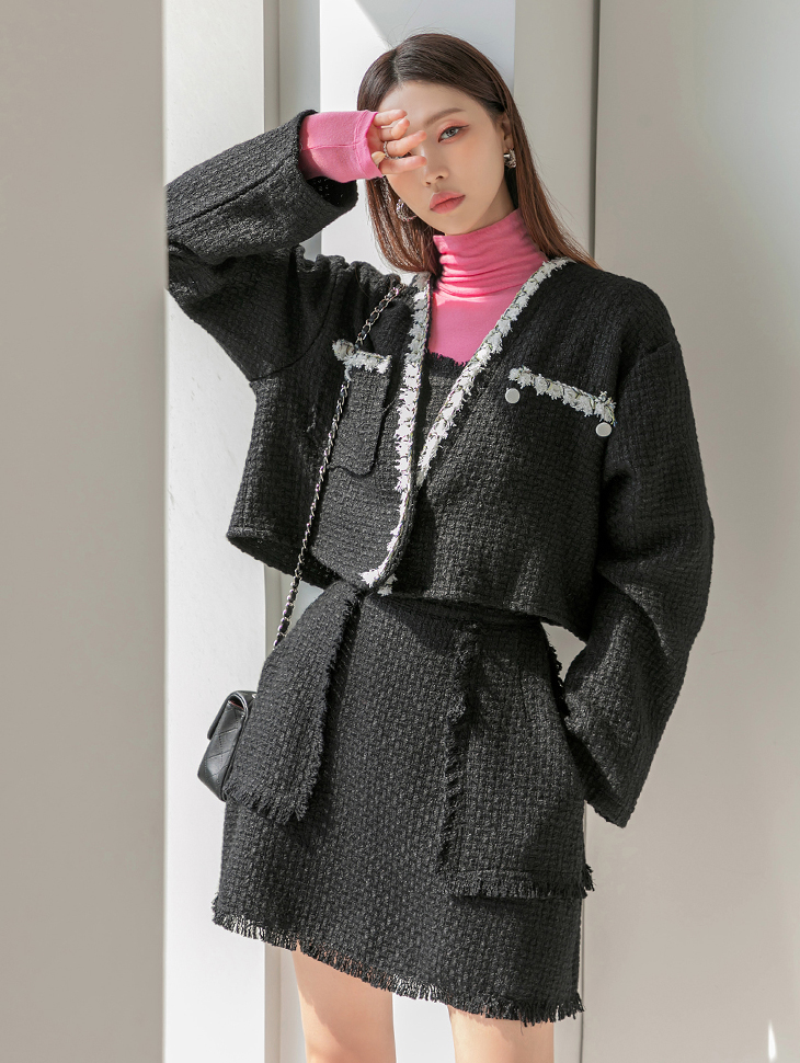 J1633 Tweed wool collar less Crop single Jacket Korea