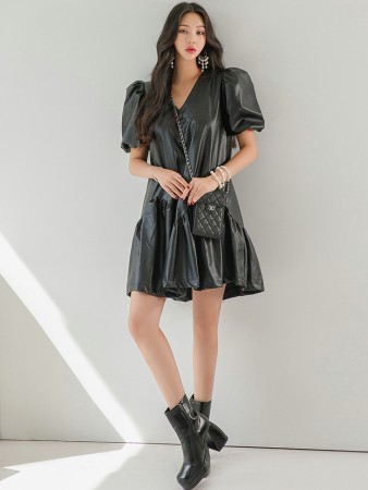 D4548 Leather Frill Mini Dress(Belt set) Korea