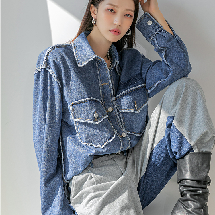 S504 리릭 Denim stitch pocket over fit Shirt(12nd REORDER) Korea