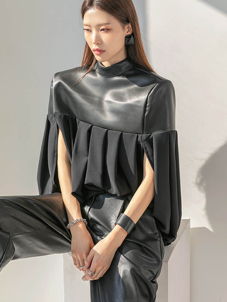 E9019 Leather Color scheme pleats String Top(6th REORDER) Korea