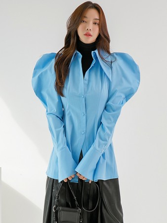 S9020  Big Collar Volume Puff Sleeve Slim Long Shirt Korea