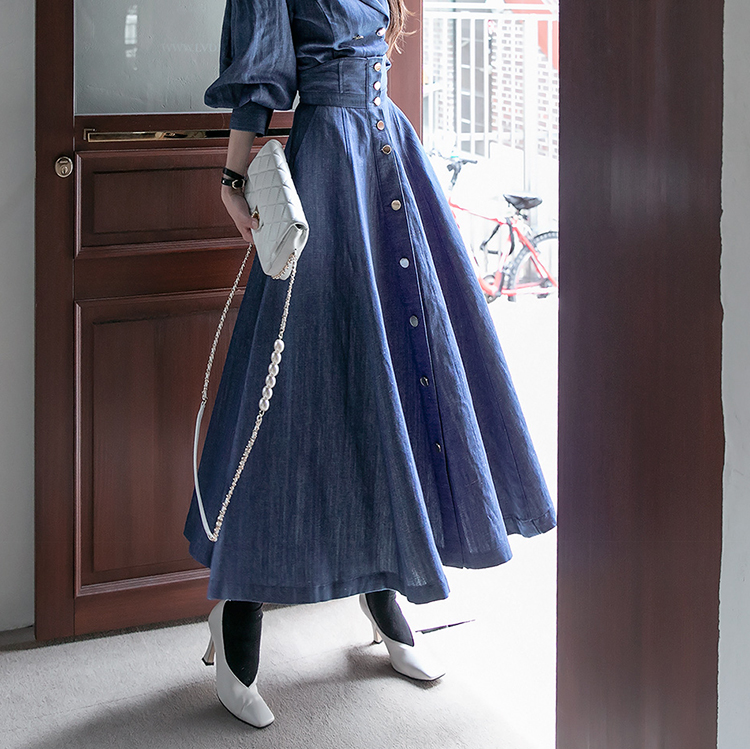 SK2084 Denim Gold-Button A-line Long skirt(8th REORDER) Korea