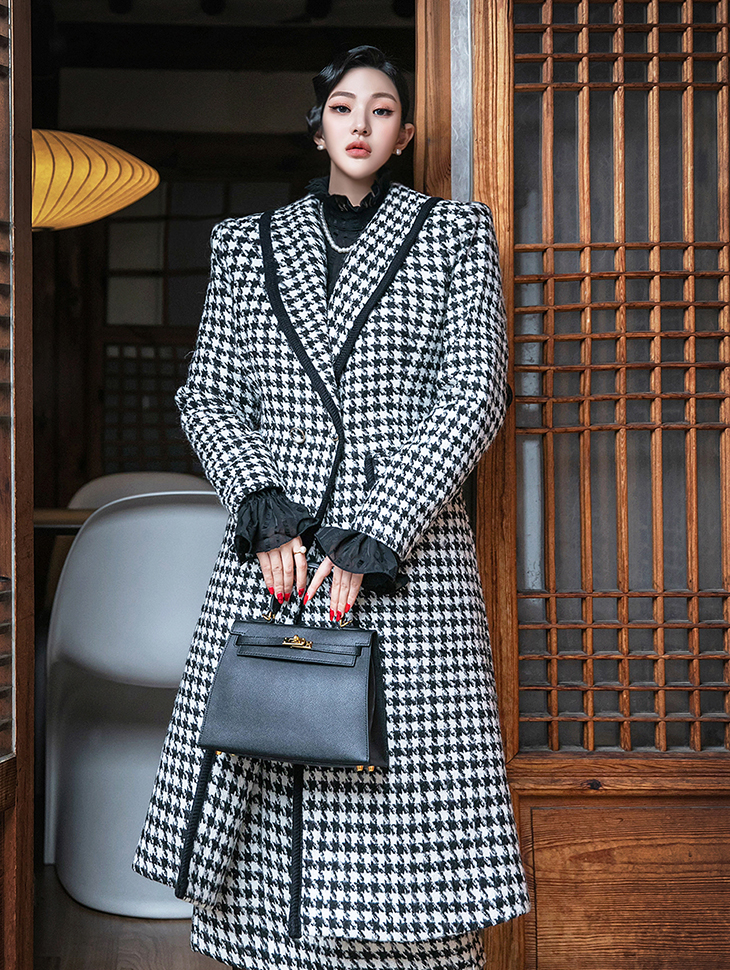 J1338 엘프 hound tooth Check Tailored single Long coat*quilted lining* Korea
