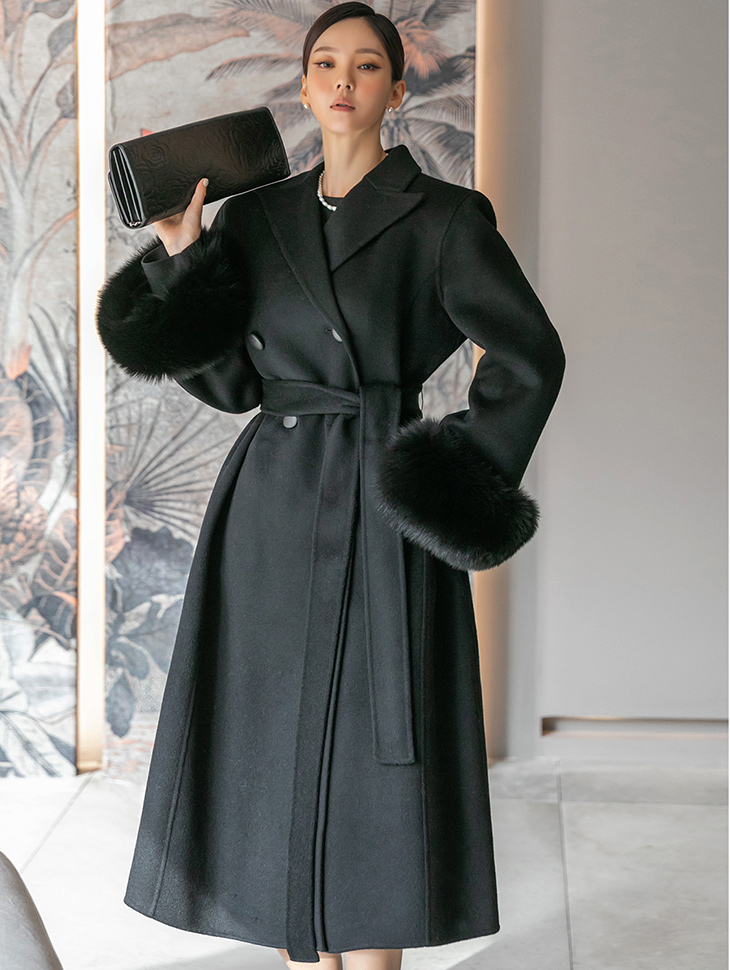 J1387 wool real fox Long coat(Belt set)(Sleeve fur detachable)*HAND MADE* Korea