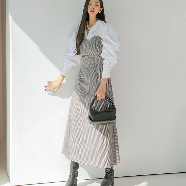 D4560 Wool Check Tube Top Bendable Midi Dress Korea