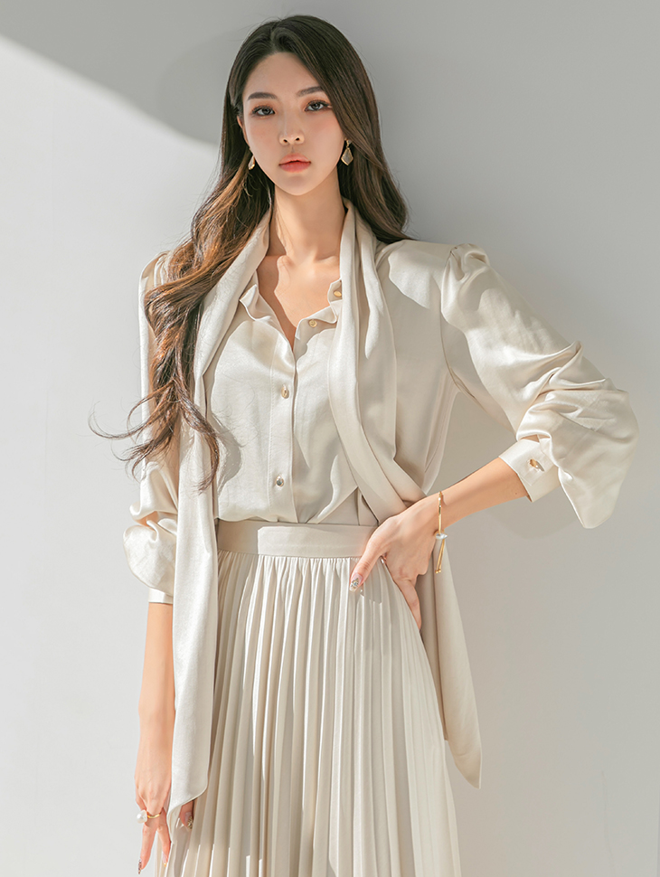 B2775 Satin Scarf Puff blouse Korea