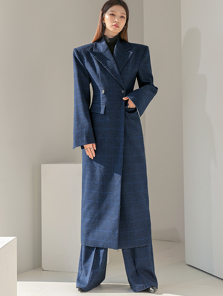J9211 Glen Check wool Double Button Slim Maxi coat Korea