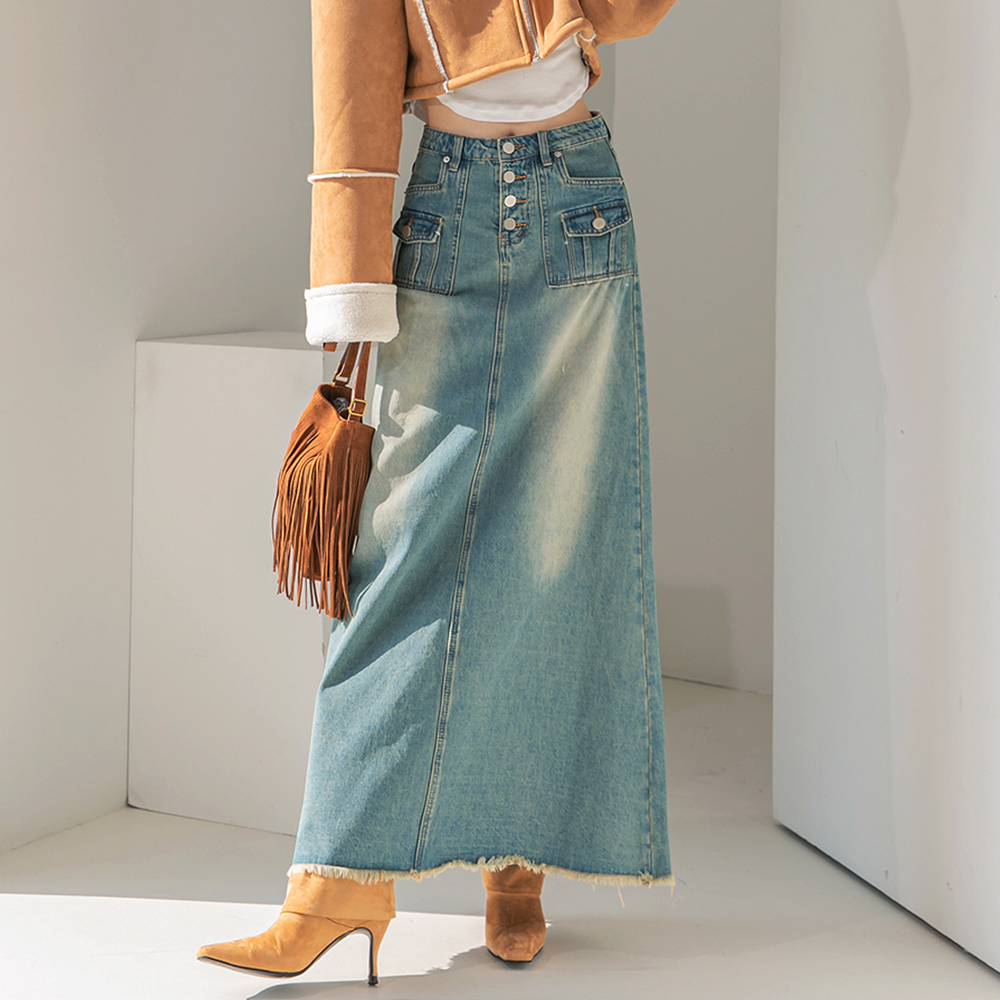SK2377 Denim washing Button Point Maxi skirt(Production period Requirement 10 days，Sequential forwarding scheduled) Korea