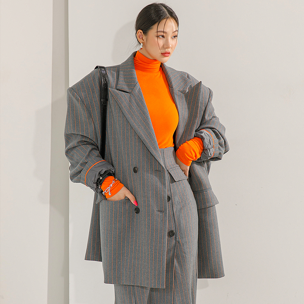 J9207 Wool stripe Oversized fit Double Button Jacket Korea
