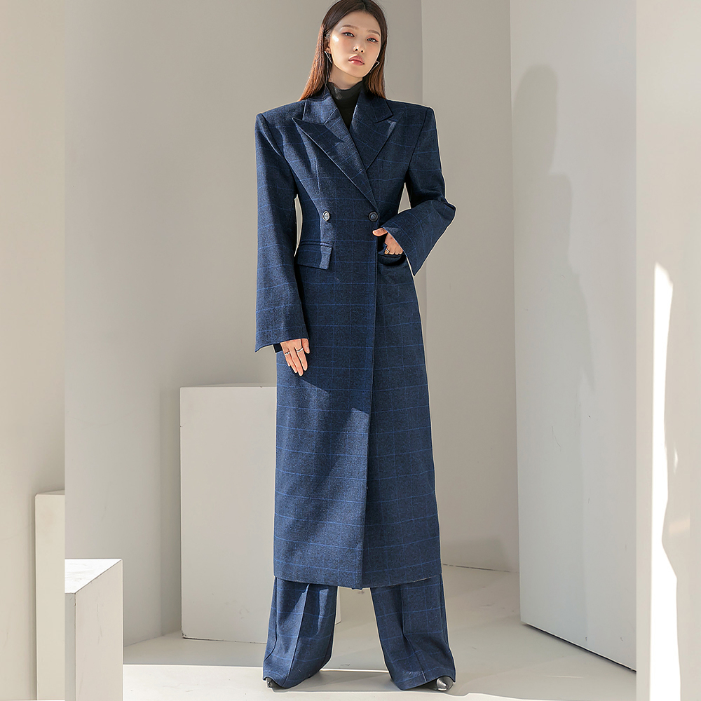 J9211 Glen Check wool Double Button Slim Maxi coat Korea