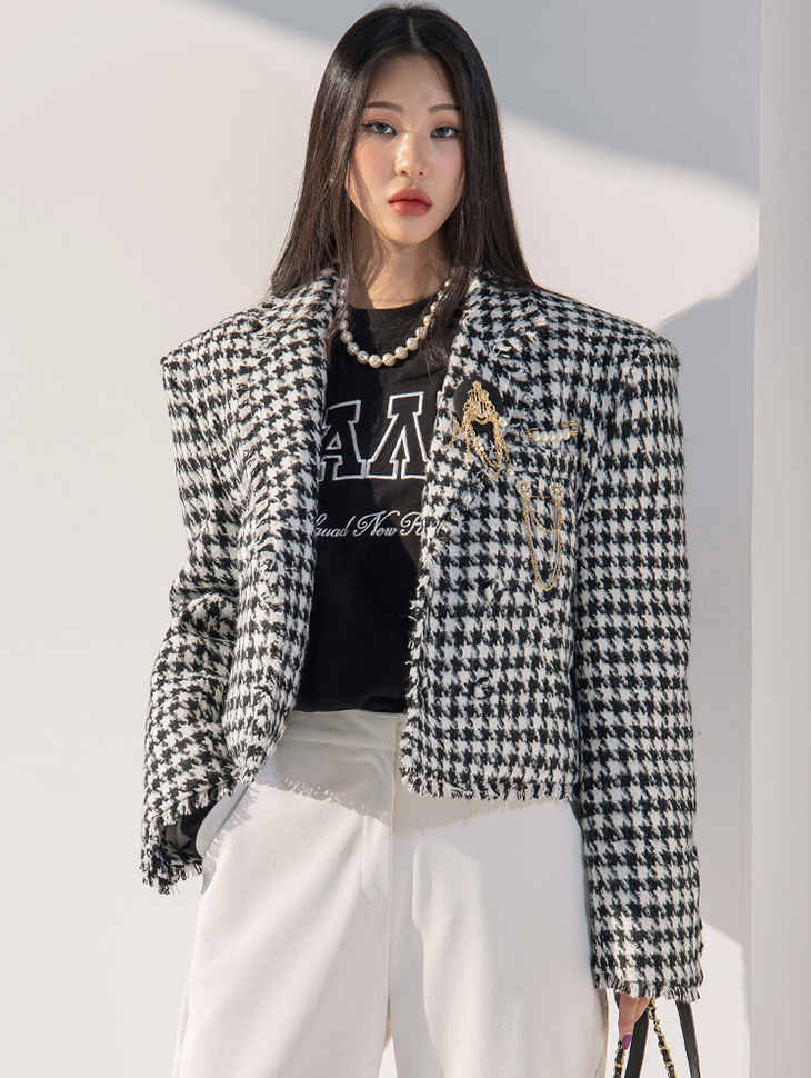 J1692 hound tooth Check fringe Double Jacket(brooch SET)*quilted lining* Korea