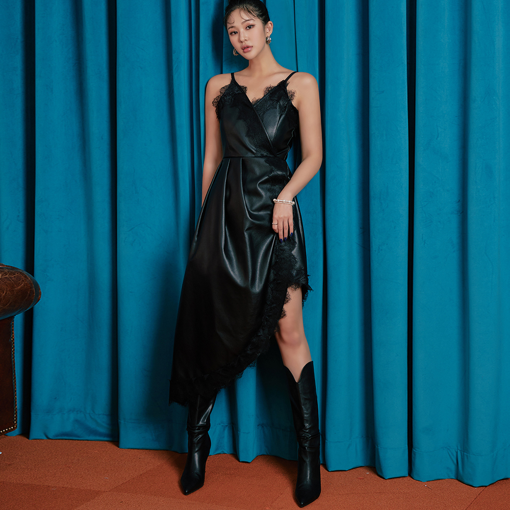 D4586 Leather Lace Sleeveless Unbalance Dress(3rd REORDER) Korea